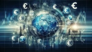 Grafika przedstawia dynamiczny obraz globalnego rynku finansowego. Znajdują się na niej symbole głównych walut – euro, dolara, funta oraz franka szwajcarskiego – wplecione w tło pokazujące wahania wykresów giełdowych. Elementy cyfrowe grafiki podkreślają nowoczesny, technologiczny aspekt handlu finansowego i rozpowszechniania informacji. Tło ma wyrafinowany, nowoczesny wygląd, z kolorystyką sugerującą stabilność finansową i technologię, z dominacją odcieni niebieskiego, zieleni i subtelnych szarości.